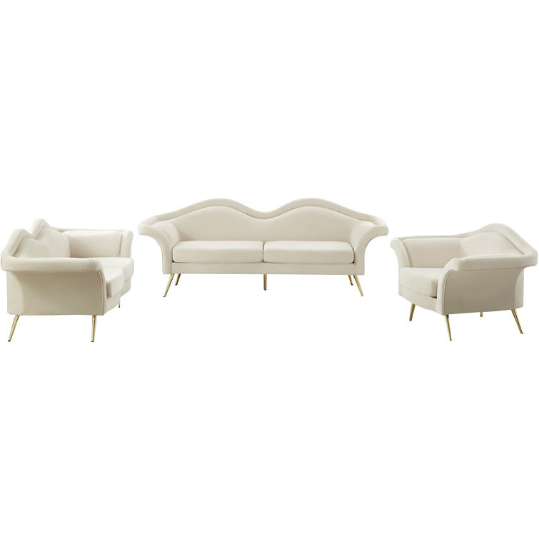 Luxe Pouty Lips 98'' Cream Velvet Sofa with Gold Metal Legs