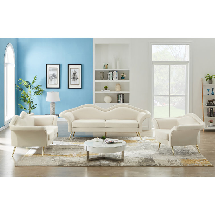 Luxe Pouty Lips 98'' Cream Velvet Sofa with Gold Metal Legs
