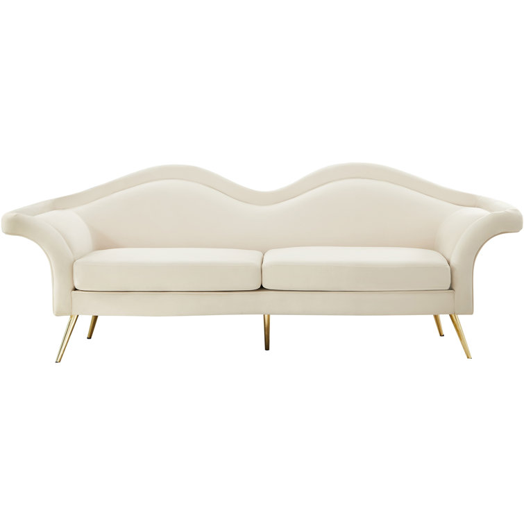 Luxe Pouty Lips 98'' Cream Velvet Sofa with Gold Metal Legs