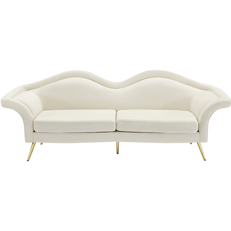 Luxe Pouty Lips 98'' Cream Velvet Sofa with Gold Metal Legs