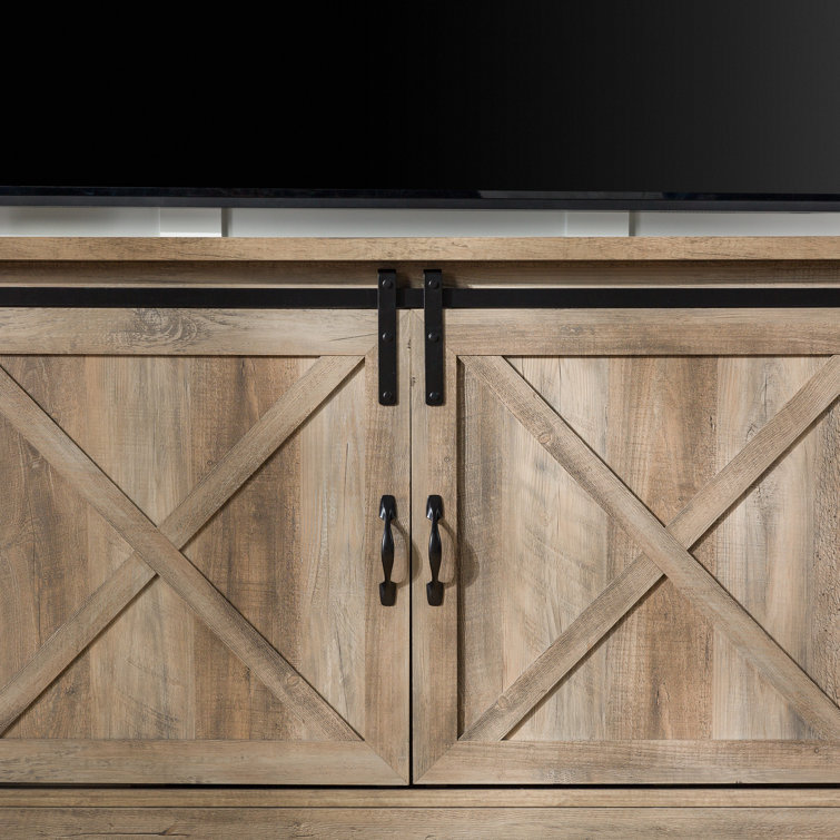 70" Gray Wash Sliding Barn Door TV Stand with Cabinet