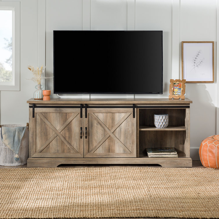 70" Gray Wash Sliding Barn Door TV Stand with Cabinet