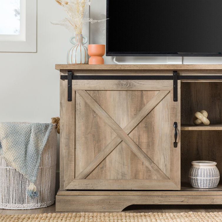 70" Gray Wash Sliding Barn Door TV Stand with Cabinet