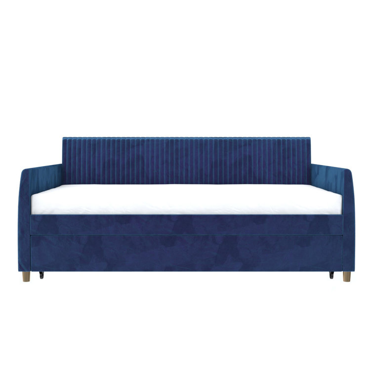 Twin Blue Velvet Upholstered Daybed with Trundle and Tufted Headboard