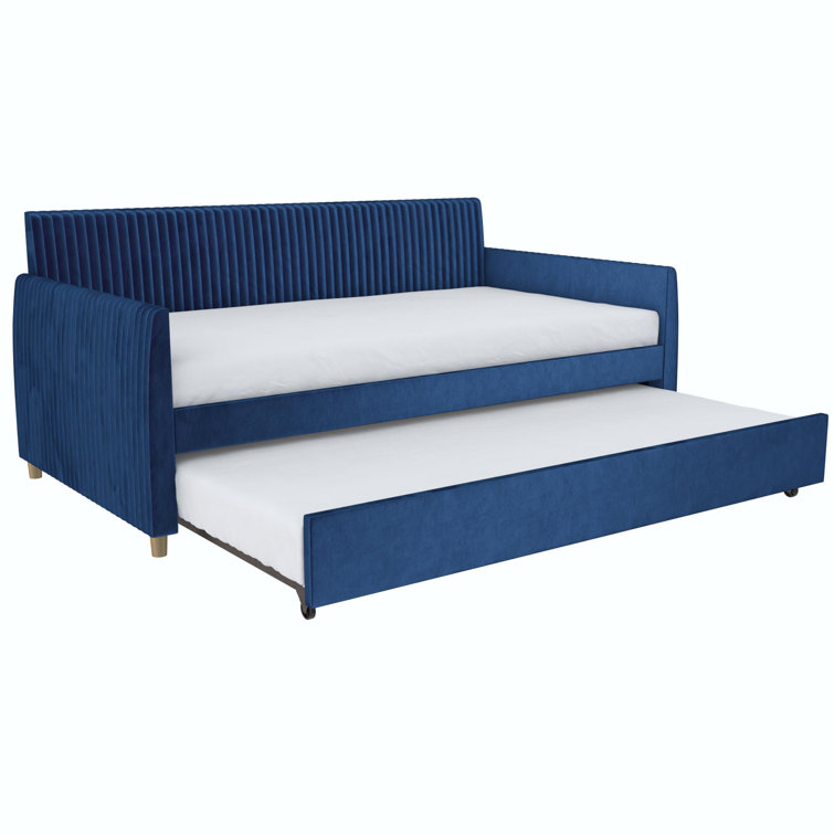 Twin Blue Velvet Upholstered Daybed with Trundle and Tufted Headboard