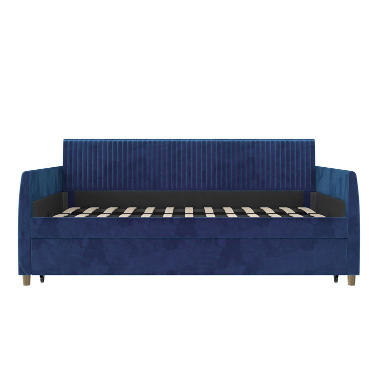 Twin Blue Velvet Upholstered Daybed with Trundle and Tufted Headboard