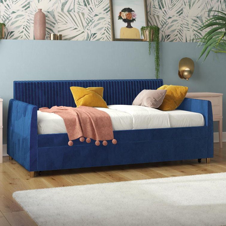 Twin Blue Velvet Upholstered Daybed with Trundle and Tufted Headboard