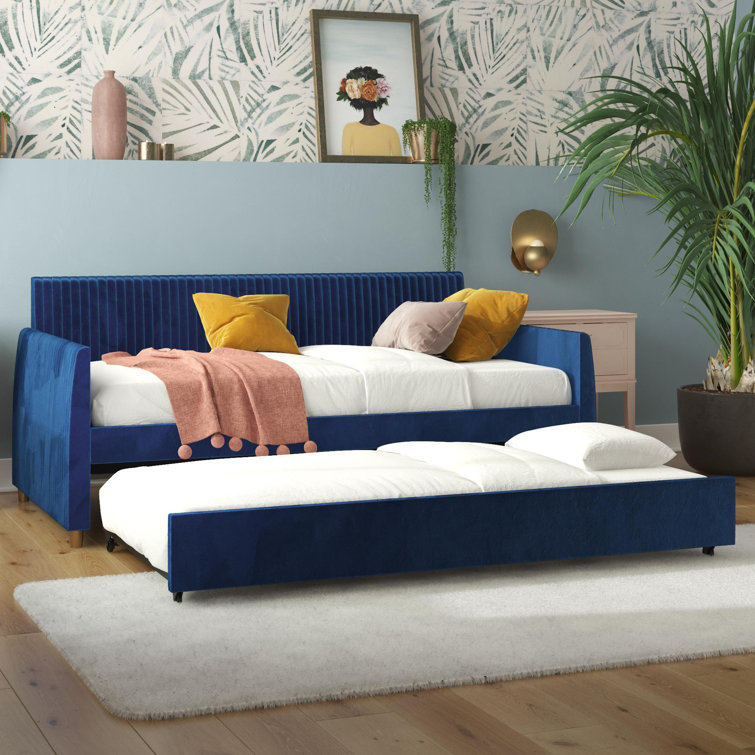 Twin Blue Velvet Upholstered Daybed with Trundle and Tufted Headboard