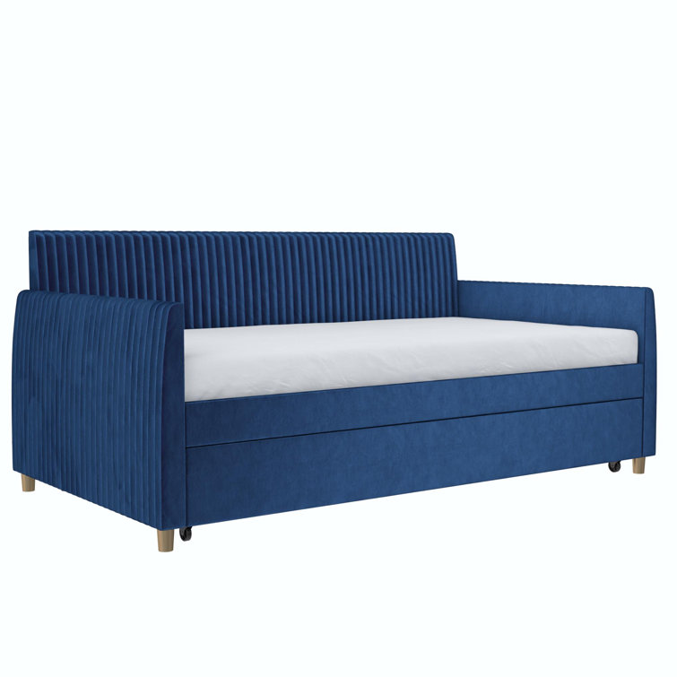 Twin Blue Velvet Upholstered Daybed with Trundle and Tufted Headboard