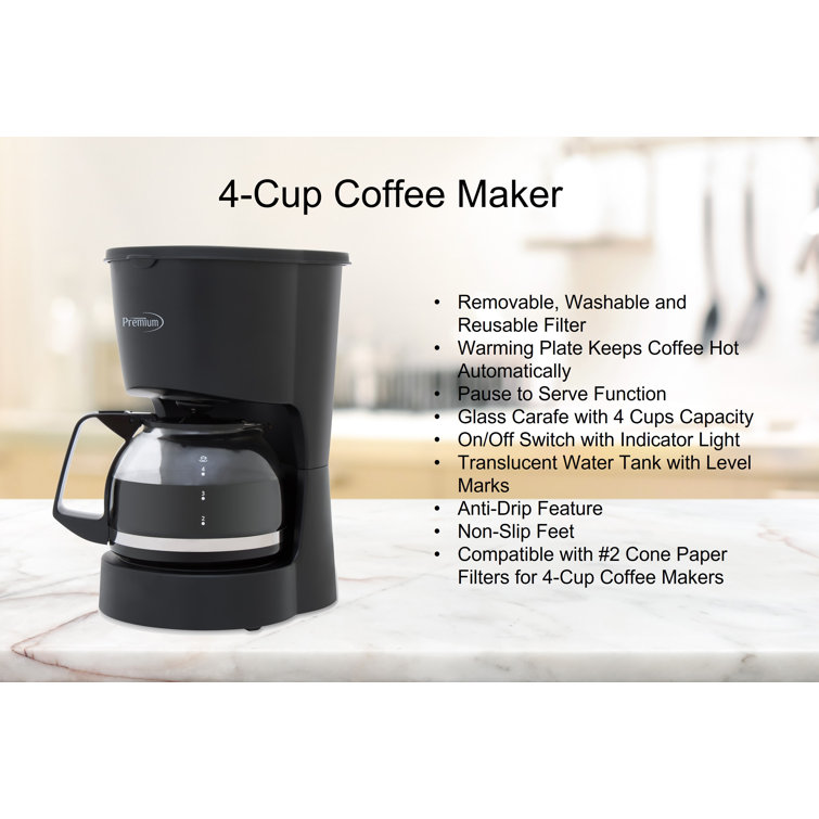 Premium Black 4-Cup Drip Coffee Maker with Reusable Filter