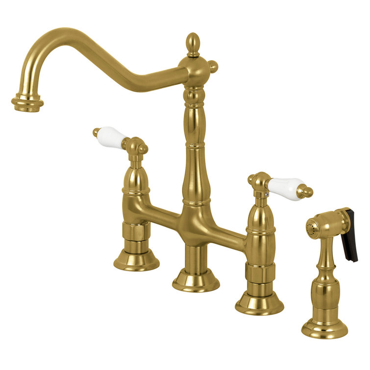 Heritage Brushed Brass Double Handle Bridge Kitchen Faucet with Side Sprayer
