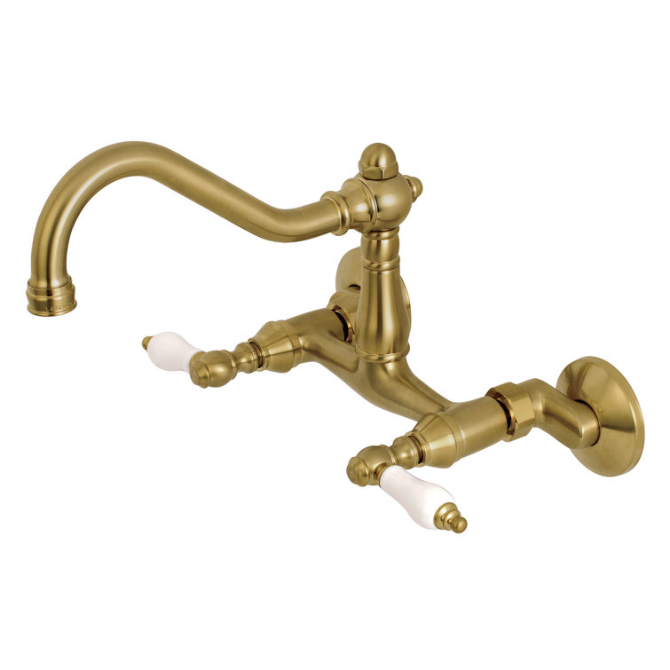 Brushed Brass Double-Handle Wall-Mount Kitchen Faucet