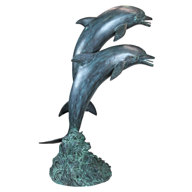 Twin Dolphins Bronze Garden Statue with Emerald Verde Patina