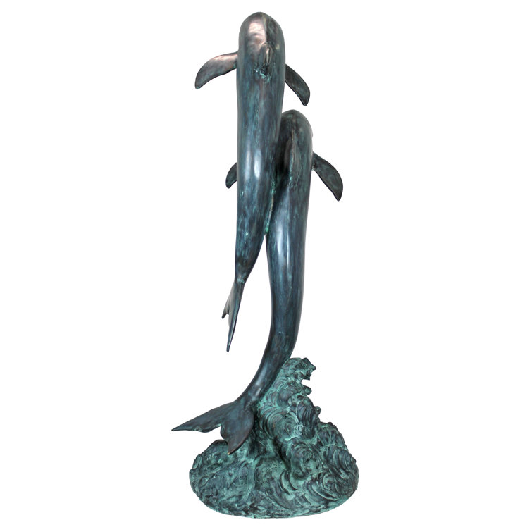 Twin Dolphins Bronze Garden Statue with Emerald Verde Patina