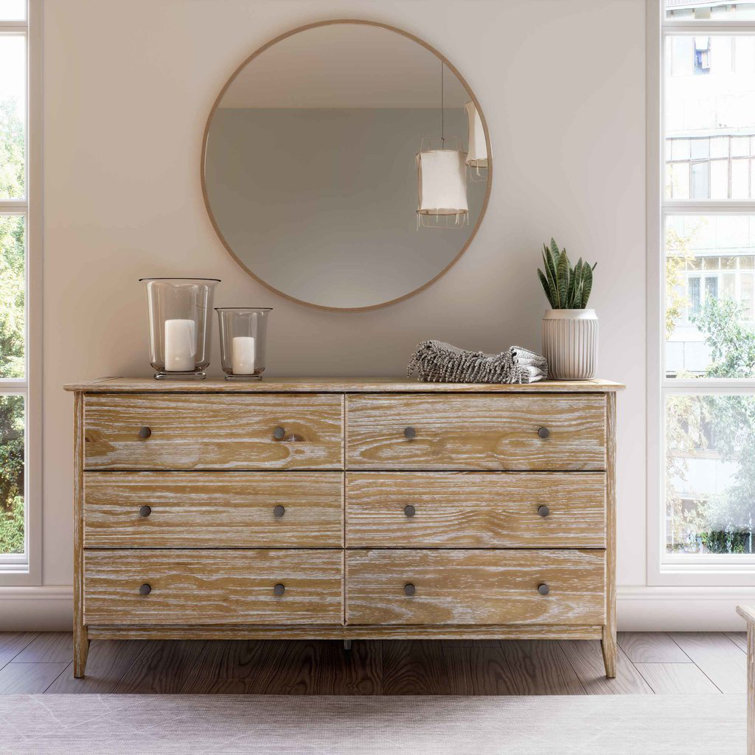 Brushed Driftwood Coastal 6-Drawer Solid Pine Dresser