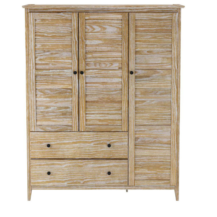 Brushed Driftwood Coastal Solid Pine Wood 3-Door Wardrobe
