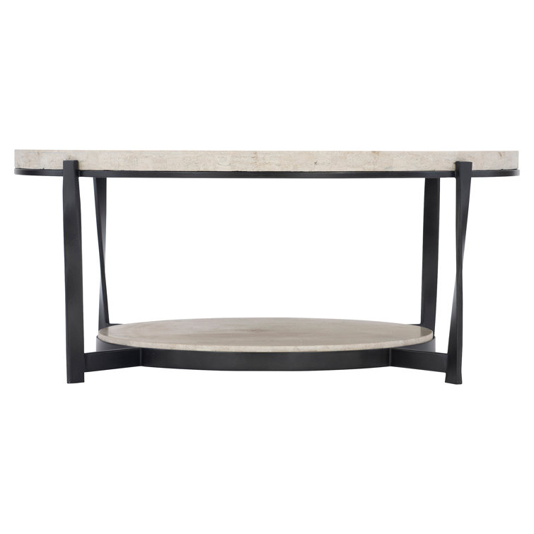 Transitional Beige & Black Round Wood Coffee Table with Storage