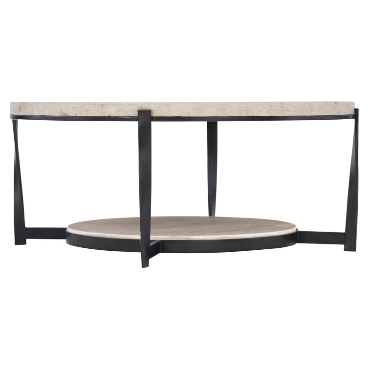 Transitional Beige & Black Round Wood Coffee Table with Storage