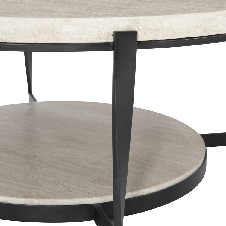 Transitional Beige & Black Round Wood Coffee Table with Storage