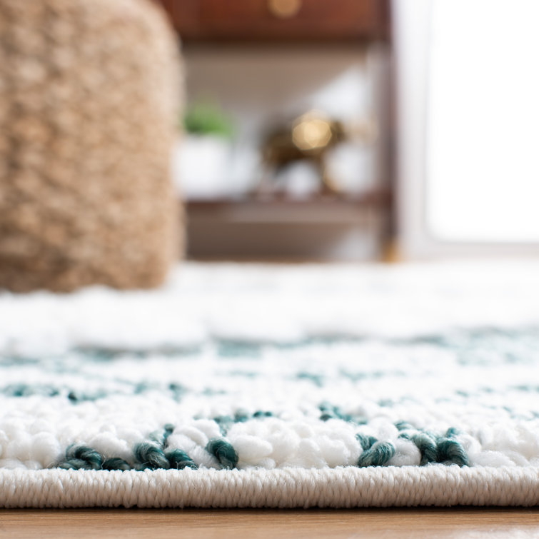 Ivory and Green Diamond Shag Area Rug with Tassels