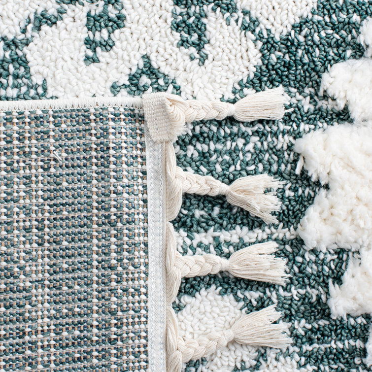Ivory and Green Diamond Shag Area Rug with Tassels