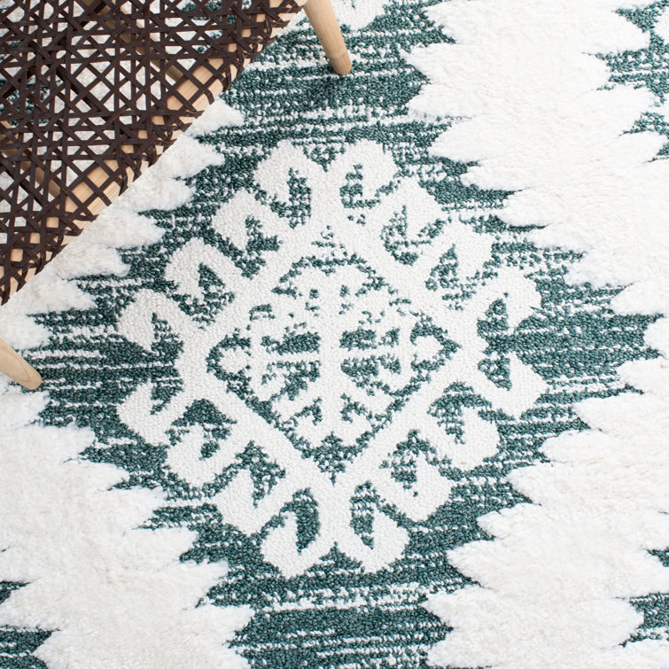 Ivory and Green Diamond Shag Area Rug with Tassels