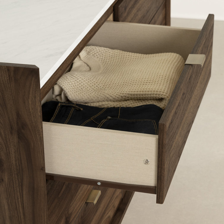 Elegant 6-Drawer Double Dresser in Natural Walnut with Brass Accents