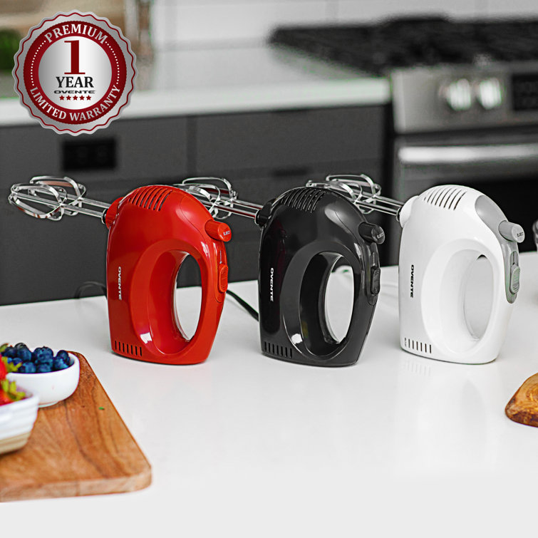 Compact Red Stainless Steel 5-Speed Hand Mixer with Storage Case