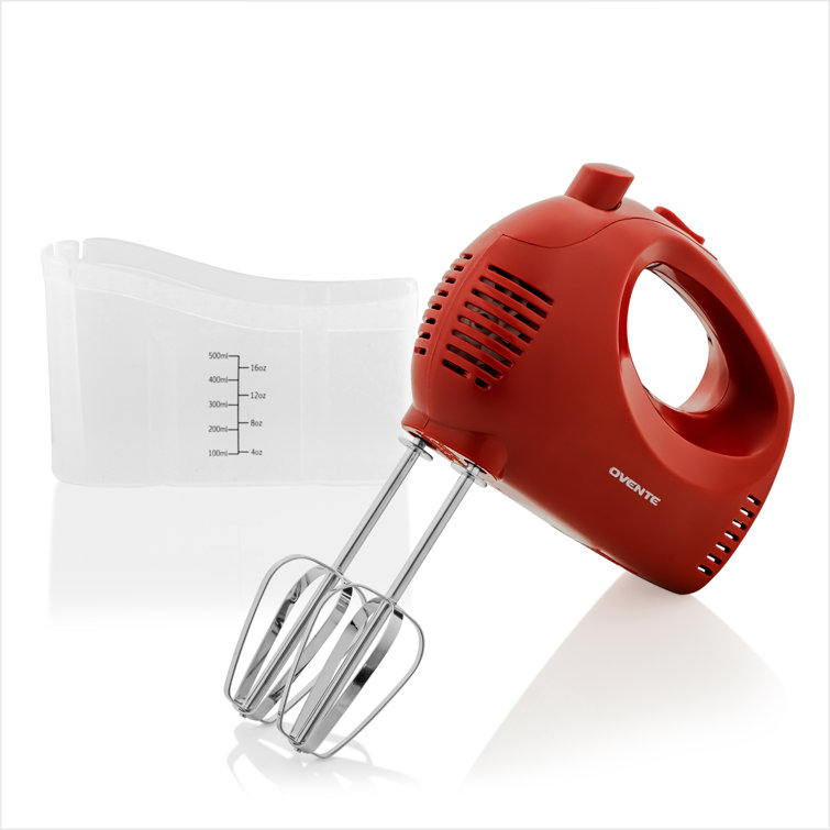 Compact Red Stainless Steel 5-Speed Hand Mixer with Storage Case