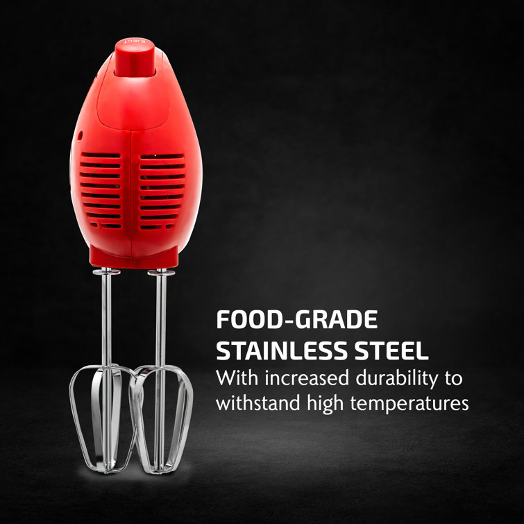 Compact Red Stainless Steel 5-Speed Hand Mixer with Storage Case