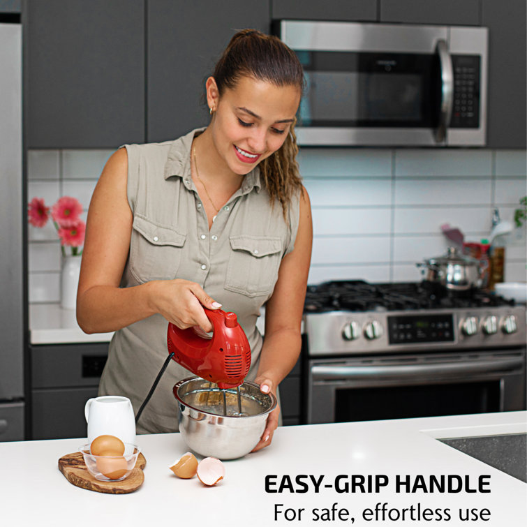 Compact Red Stainless Steel 5-Speed Hand Mixer with Storage Case