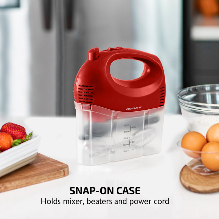 Compact Red Stainless Steel 5-Speed Hand Mixer with Storage Case