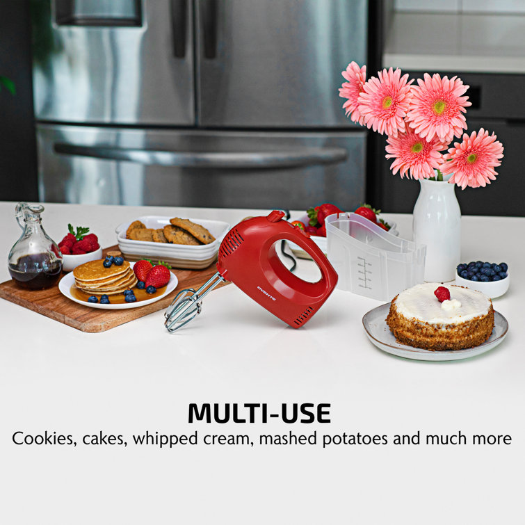 Compact Red Stainless Steel 5-Speed Hand Mixer with Storage Case