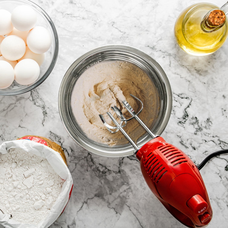 Compact Red Stainless Steel 5-Speed Hand Mixer with Storage Case