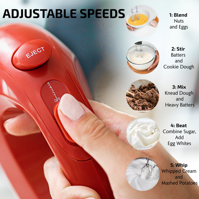 Compact Red Stainless Steel 5-Speed Hand Mixer with Storage Case
