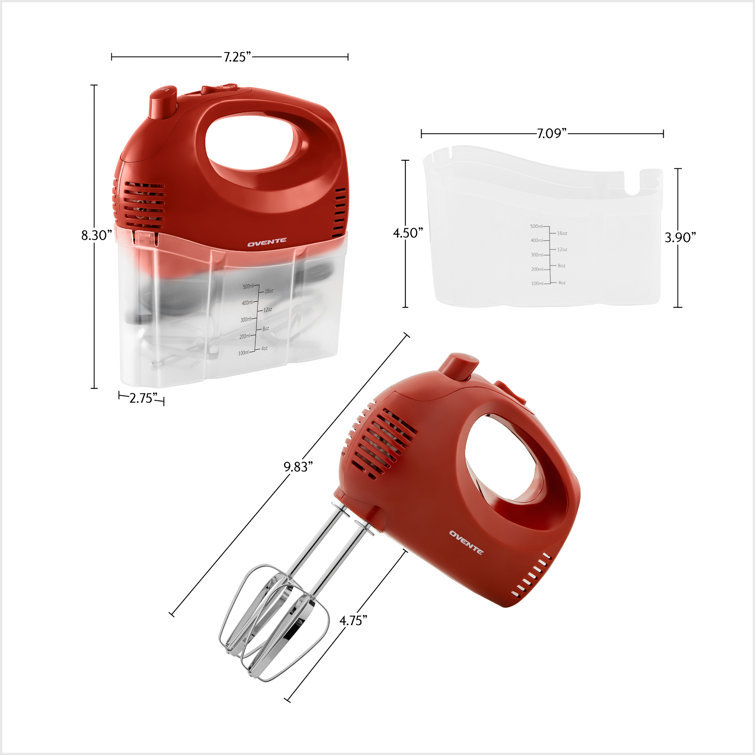 Compact Red Stainless Steel 5-Speed Hand Mixer with Storage Case