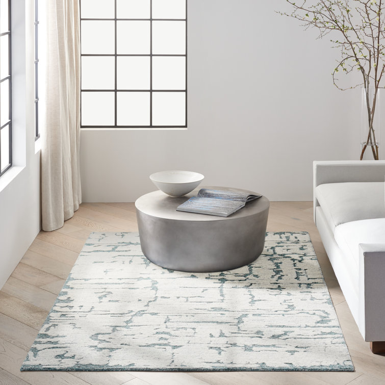 Hand-Tufted Teal and White Wool Abstract Area Rug, 5'3" x 7'3"