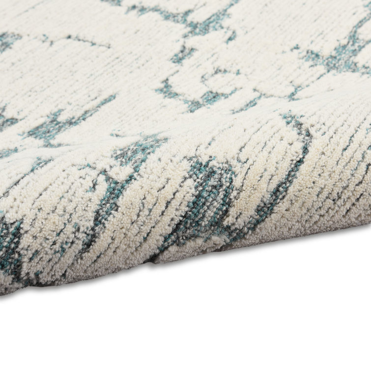 Hand-Tufted Teal and White Wool Abstract Area Rug, 5'3" x 7'3"