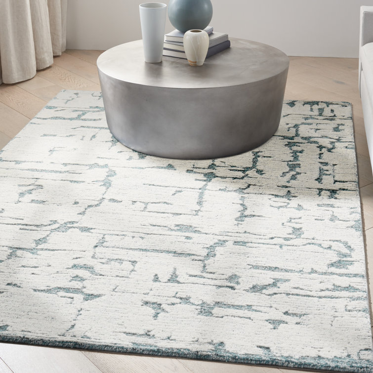 Hand-Tufted Teal and White Wool Abstract Area Rug, 5'3" x 7'3"