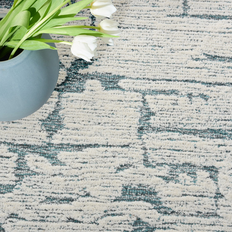 Hand-Tufted Teal and White Wool Abstract Area Rug, 5'3" x 7'3"