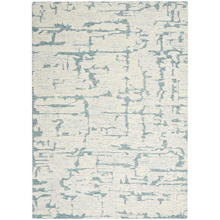 Hand-Tufted Teal and White Wool Abstract Area Rug, 5'3" x 7'3"