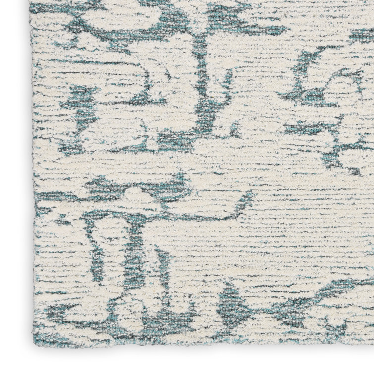 Hand-Tufted Teal and White Wool Abstract Area Rug, 5'3" x 7'3"