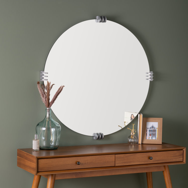 Aubrey Transitional Round Frameless Wall Mirror with Silver Brackets