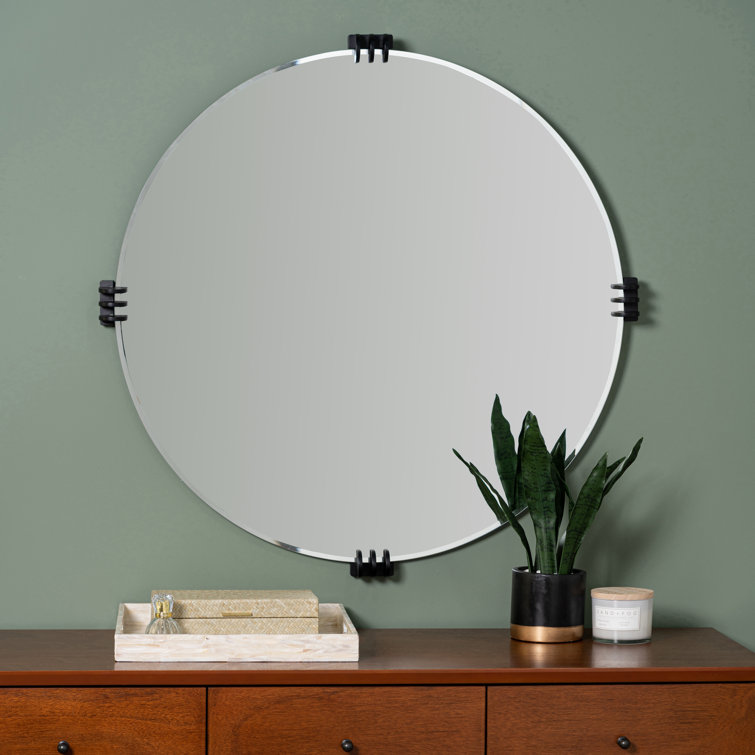 Aubrey Transitional Round Frameless Wall Mirror with Black Claw Brackets