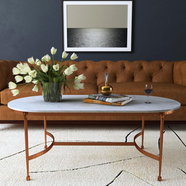 Oval White Marble Coffee Table with Iron Base