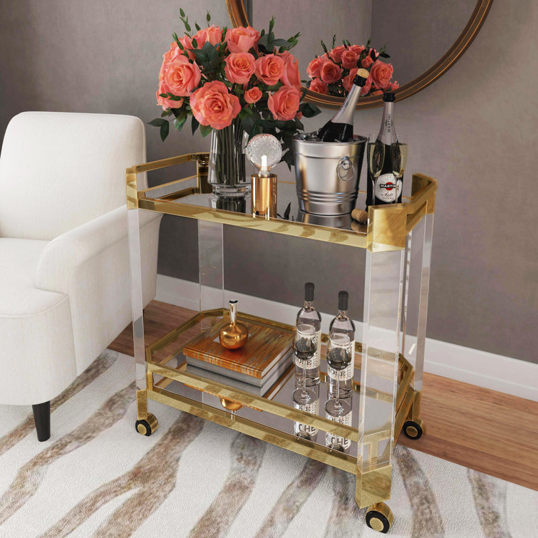 Charlevoix 99" Gold Stainless Steel & Acrylic Serving Cart with Storage