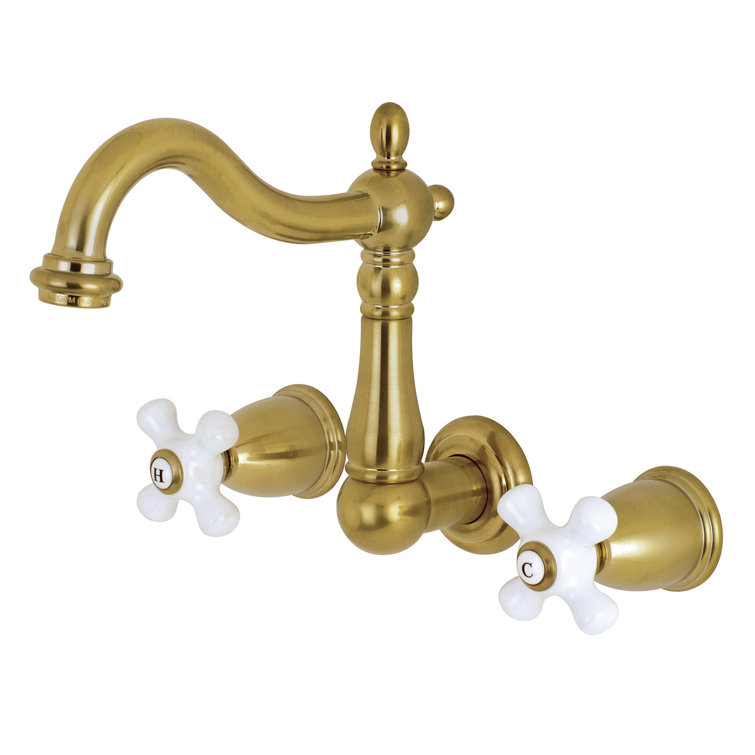 Heritage Satin Brass 8" Wall Mount Bathroom Faucet with Cross Handles