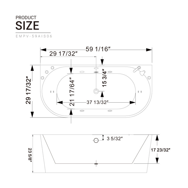 59'' White Freestanding Acrylic Whirlpool Bathtub with Faucet