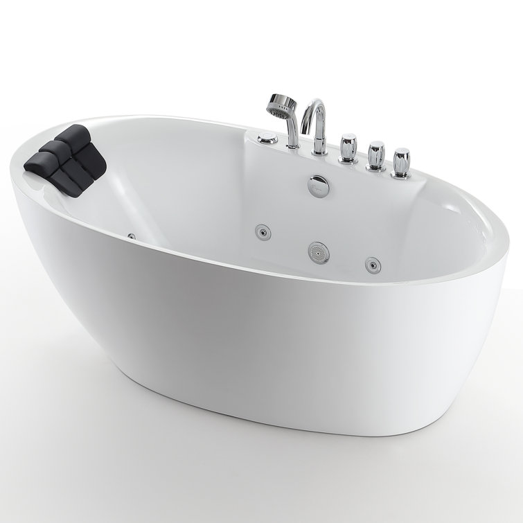 59" White Acrylic Freestanding Whirlpool Bathtub with Faucet