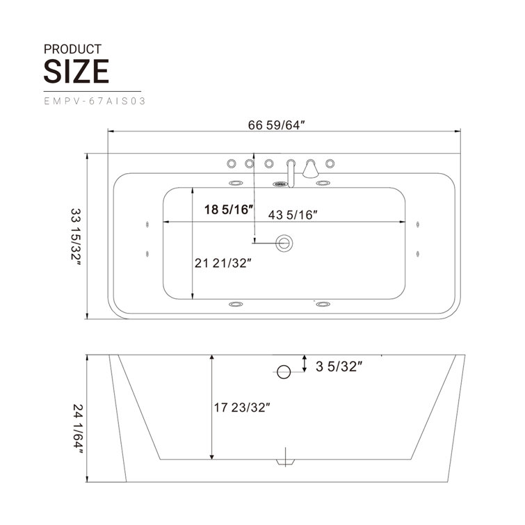67'' White Acrylic Freestanding Whirlpool Bathtub with Faucet